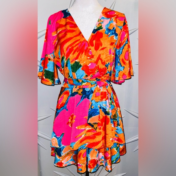 Unbranded SZM NWOT pink/orange multicolored wrap romper w/vanity snap bust 38” - Picture 4 of 8